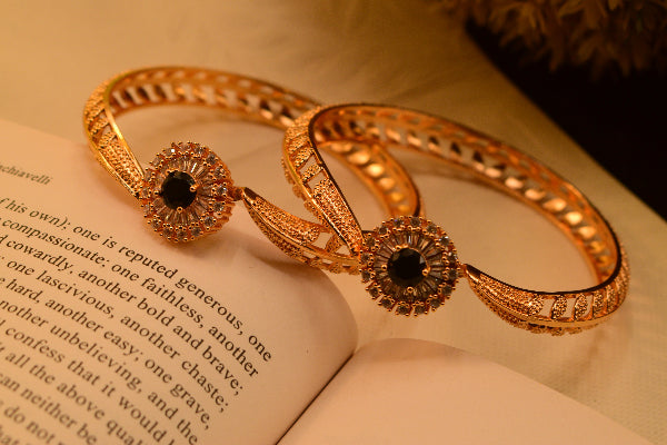 Fancy Design Gold Plated Real Stones 2pc Bangles Set for Girls/Women