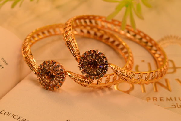 Fancy Design Gold Plated Real Stones 2pc Bangles Set for Girls/Women