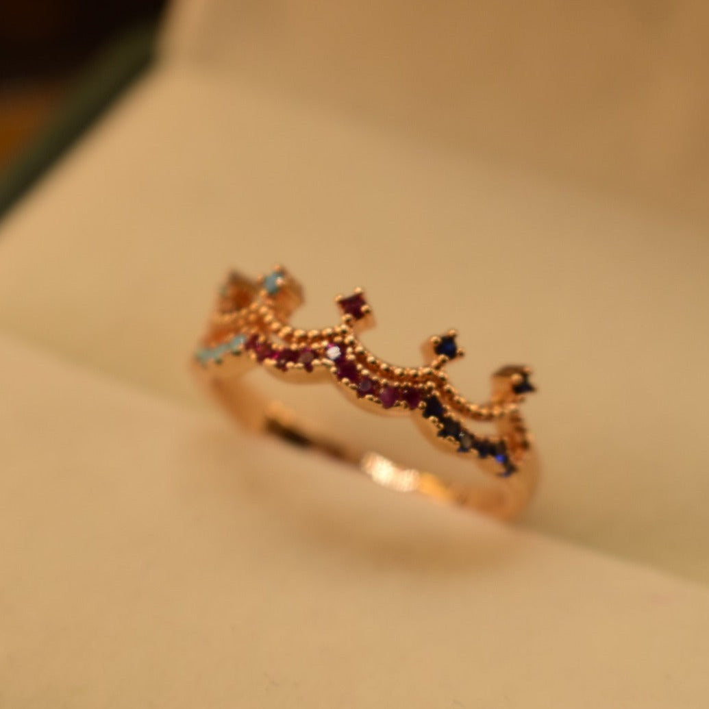 Fancy Crown Design Golden Multicolour Stones Adjustable Ring for Girls/Women