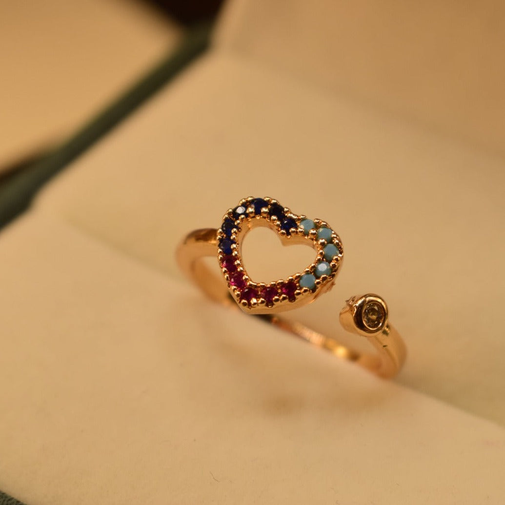 Fancy Heart Design Golden Multicolour Stones Adjustable Ring for Girls/Women