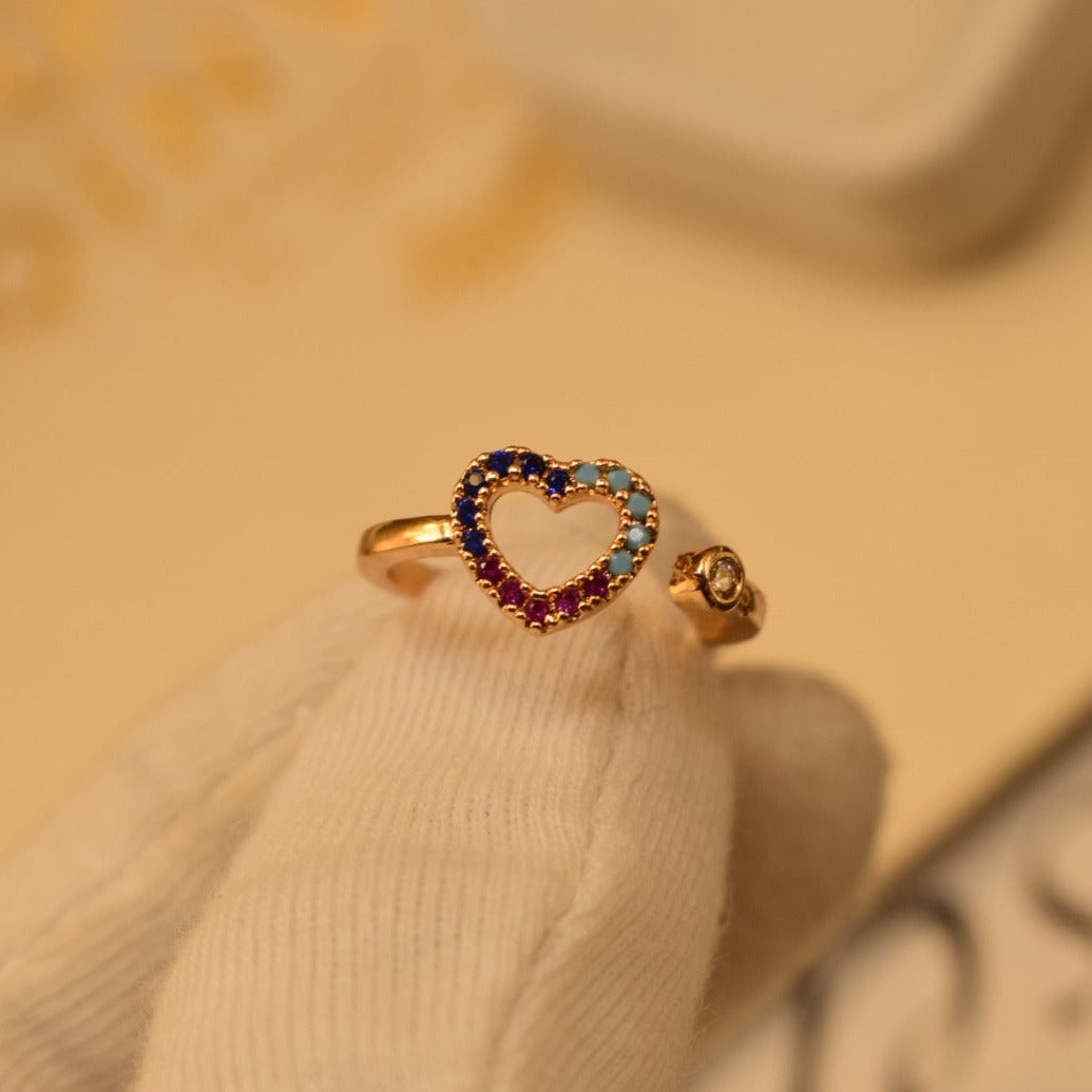 Fancy Heart Design Golden Multicolour Stones Adjustable Ring for Girls/Women