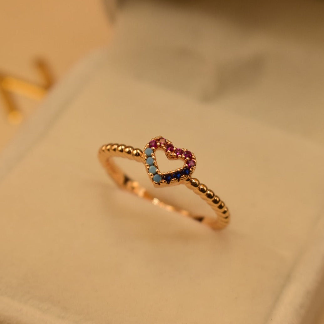 Stylish Heart Design Golden Multicolour Stone Adjustable Ring for Girls/Women