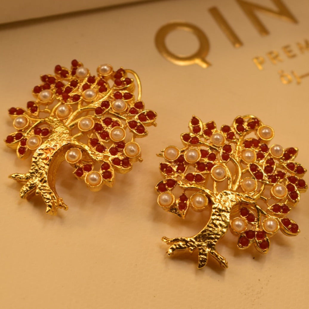 Stylish Tree Design Golden Pink/Maroon Stones Earrings For Girls/women.