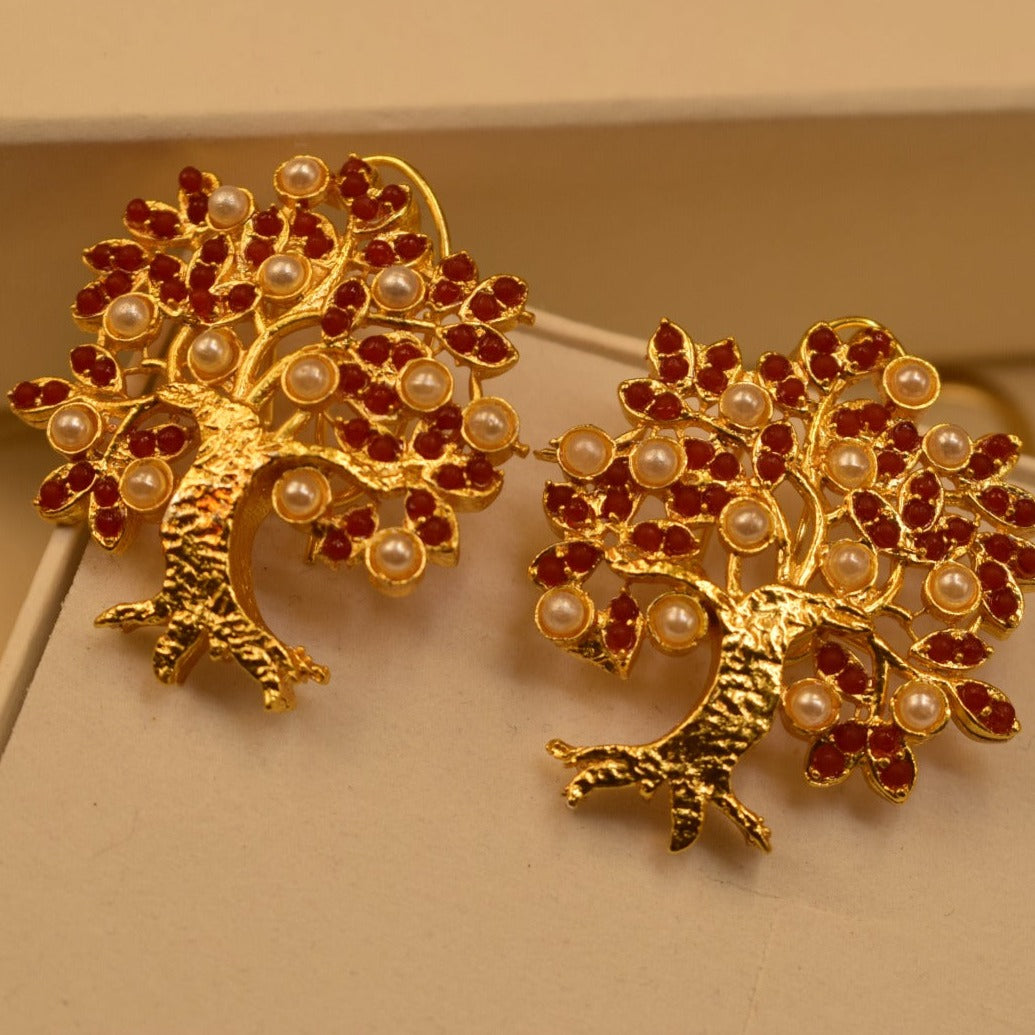 Stylish Tree Design Golden Pink/Maroon Stones Earrings For Girls/women.