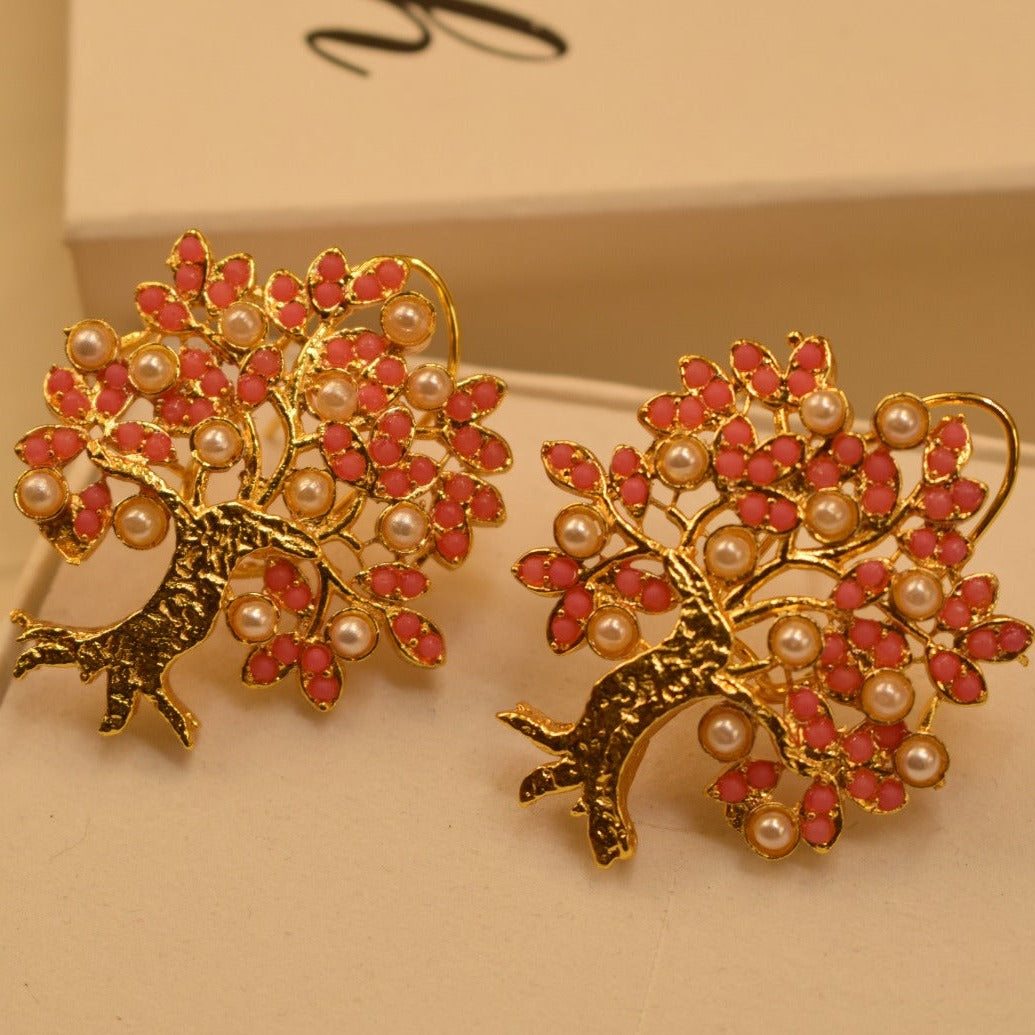 Stylish Tree Design Golden Pink/Maroon Stones Earrings For Girls/women.