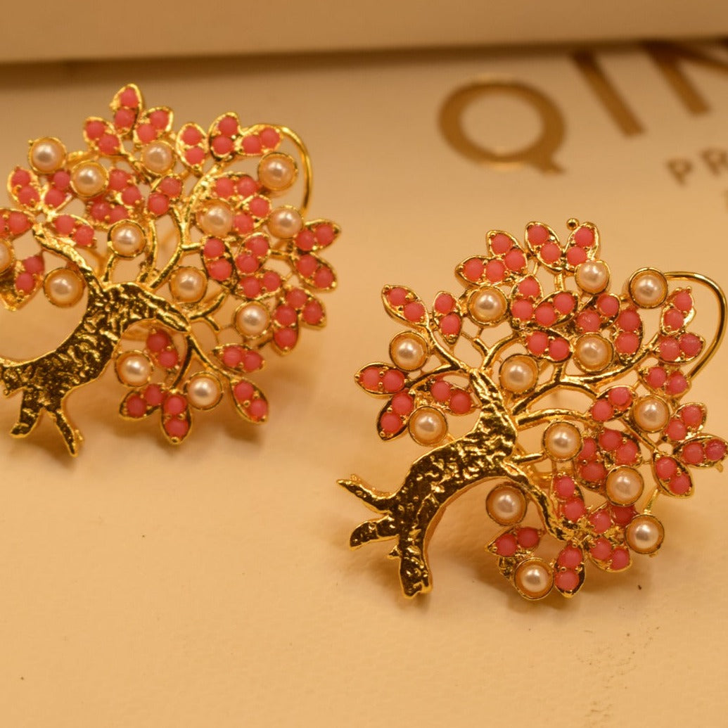 Stylish Tree Design Golden Pink/Maroon Stones Earrings For Girls/women.