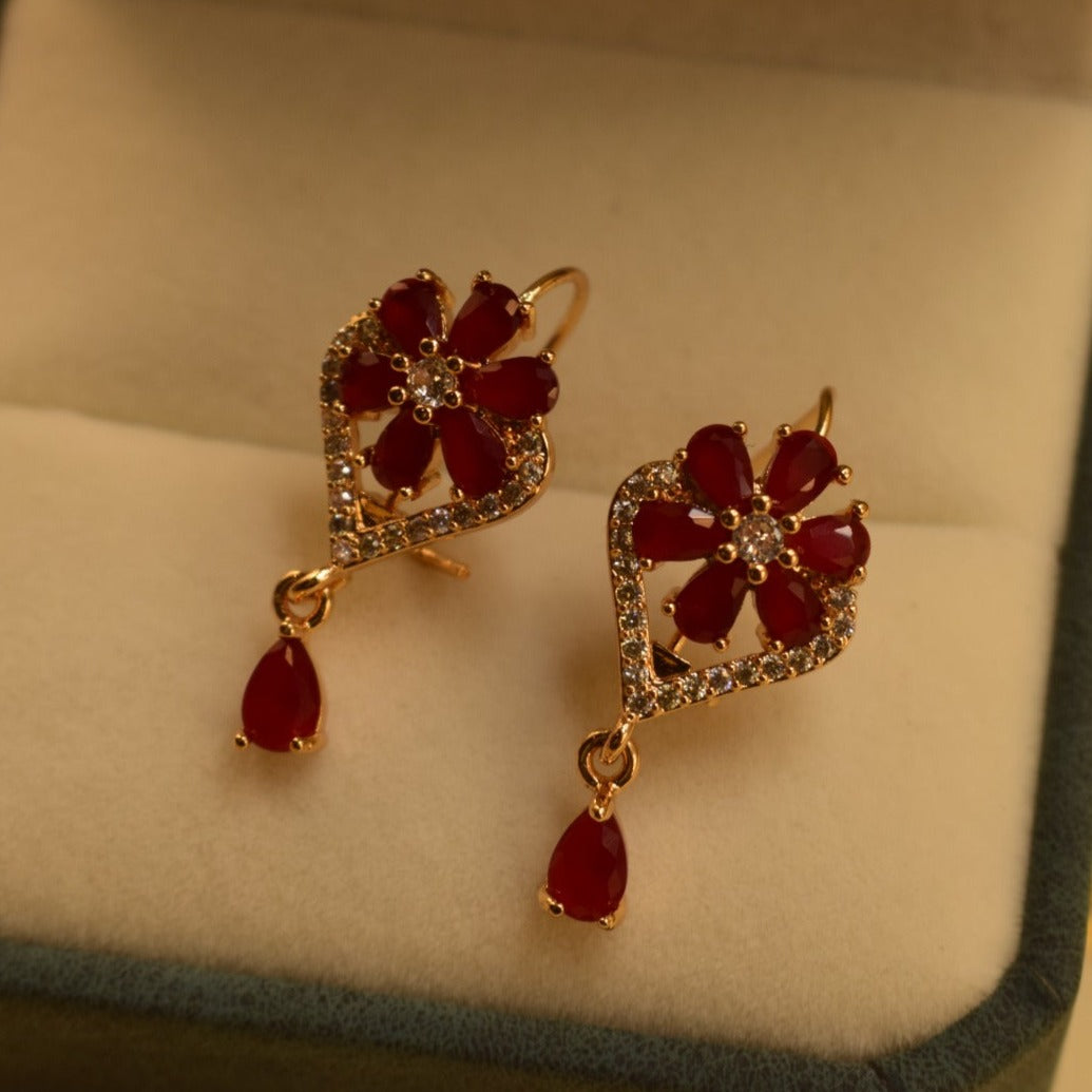 Flower Design Golden Maroon Stone Earrings For Girls/women