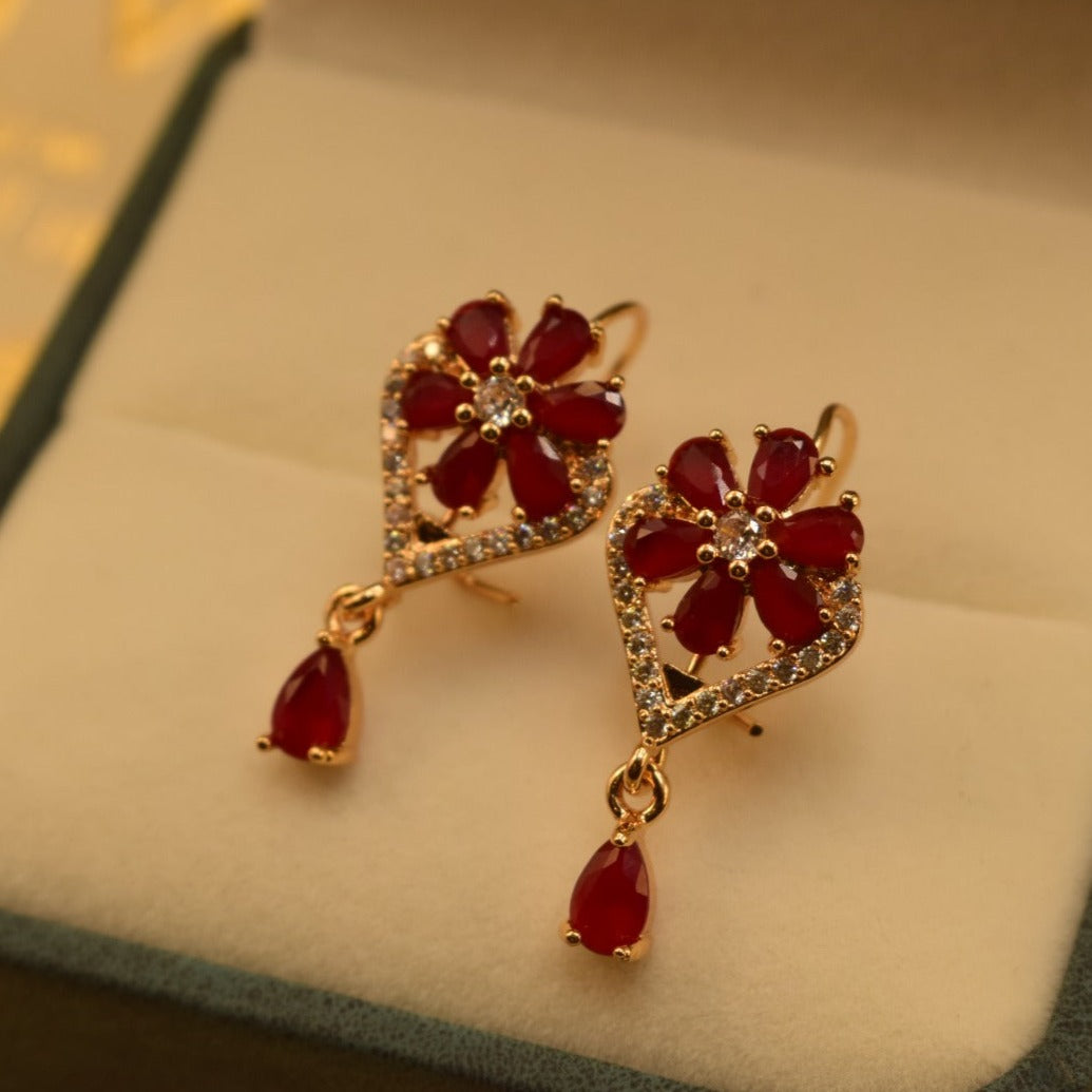 Flower Design Golden Maroon Stone Earrings For Girls/women.