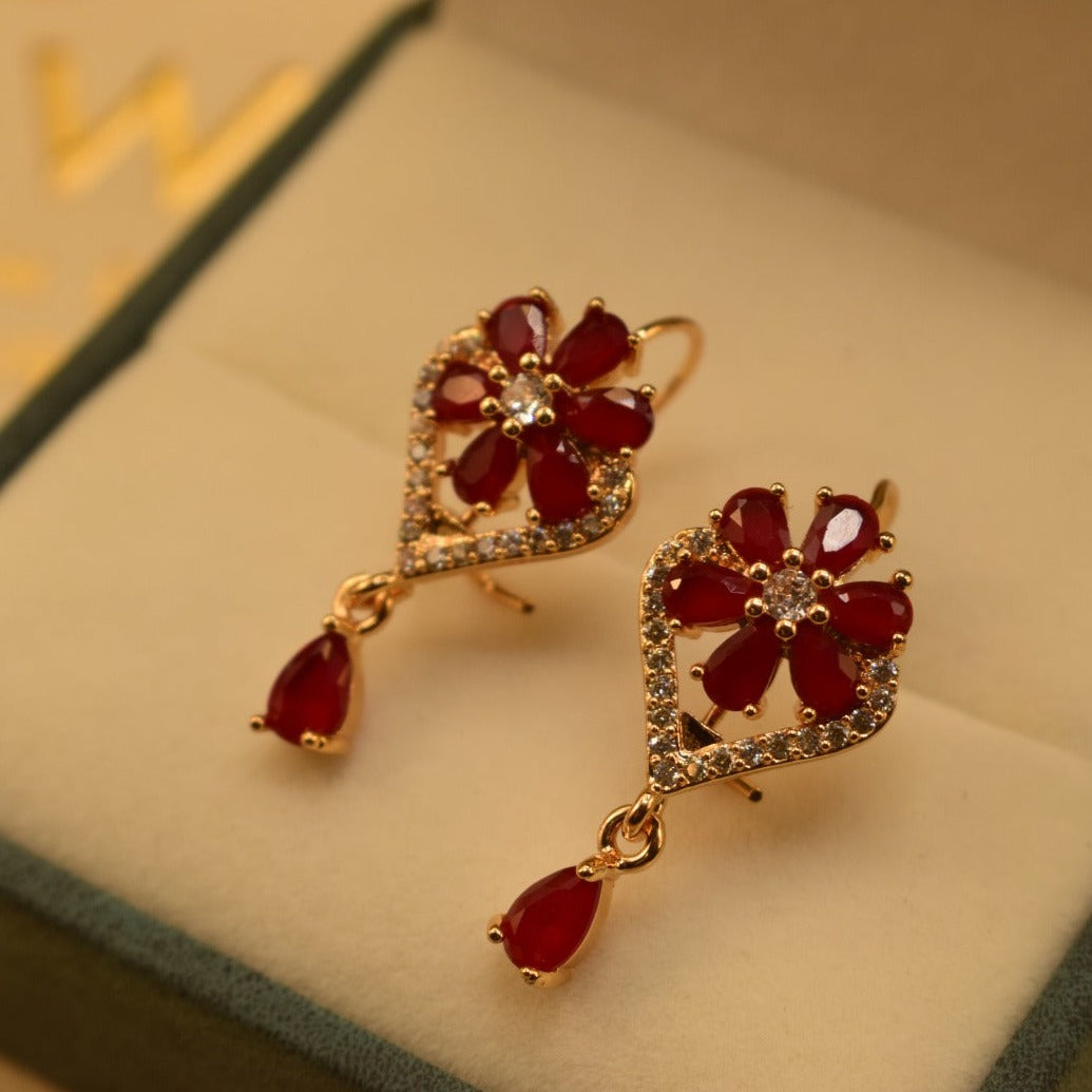 Flower Design Golden Maroon Stone Earrings For Girls/women.