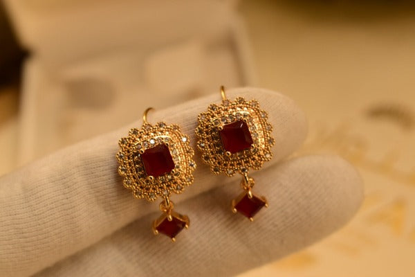 Elegant Design Maroon Stone Golden Earrings For Girls/women.