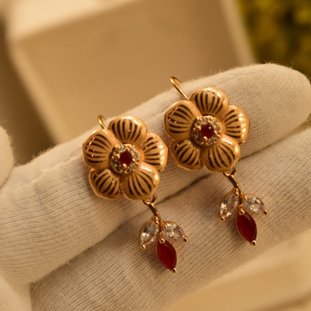 Fancy Design Maroon Stone Golden Earrings For Girls/women.