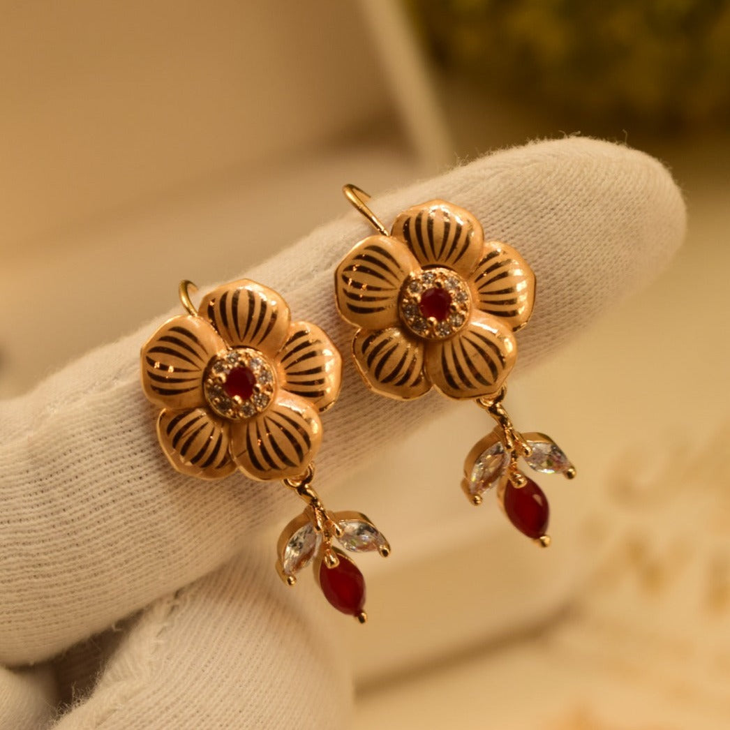 Fancy Design Maroon Stone Golden Earrings For Girls/women.