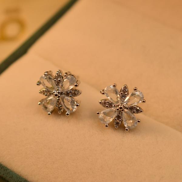 Gorgeous Flower Design Crystal Stones Silver Earrings for Girls/Women