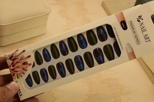 Copy of 24 Pics Met Black/Green Nails With Flower Stones for Girls/Women