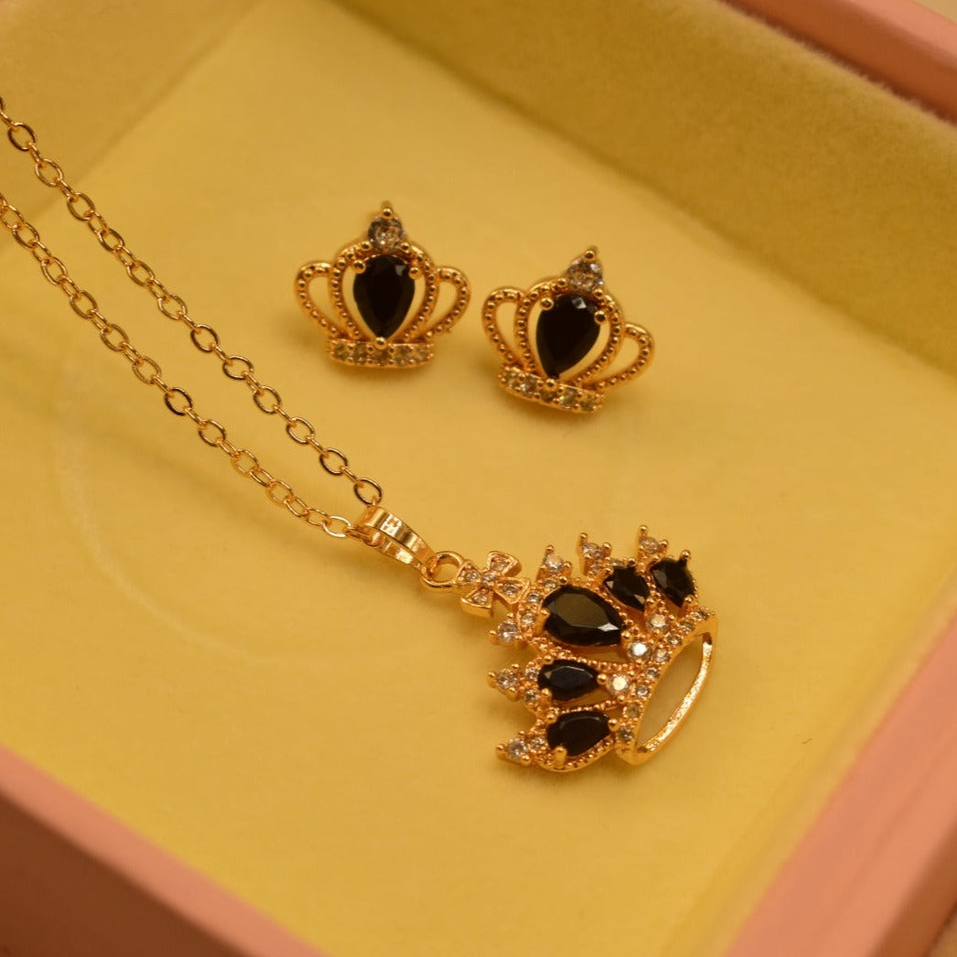 Elegant Crown Design Real Black Stone Necklace Set For Girls/Women