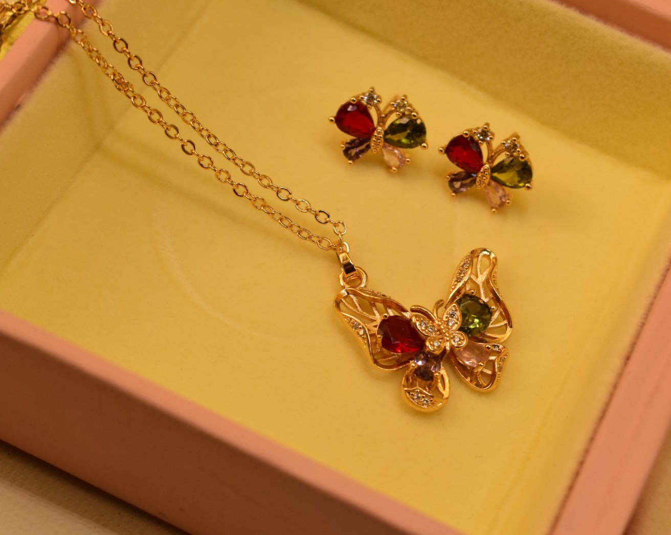 Elegant Maroon Butterfly Stone Gold Plated Necklace Set For Girls/Women