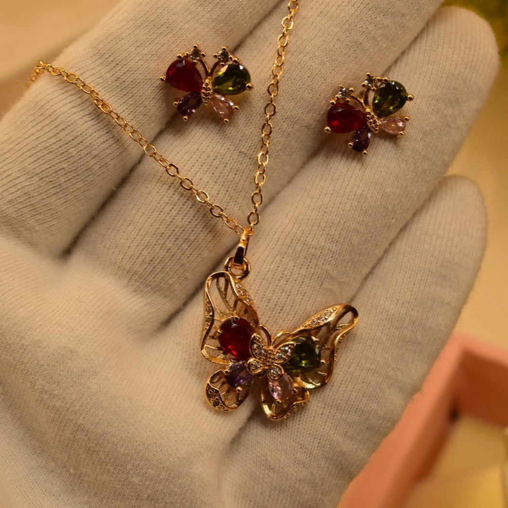 Elegant Maroon Butterfly Stone Gold Plated Necklace Set For Girls/Women