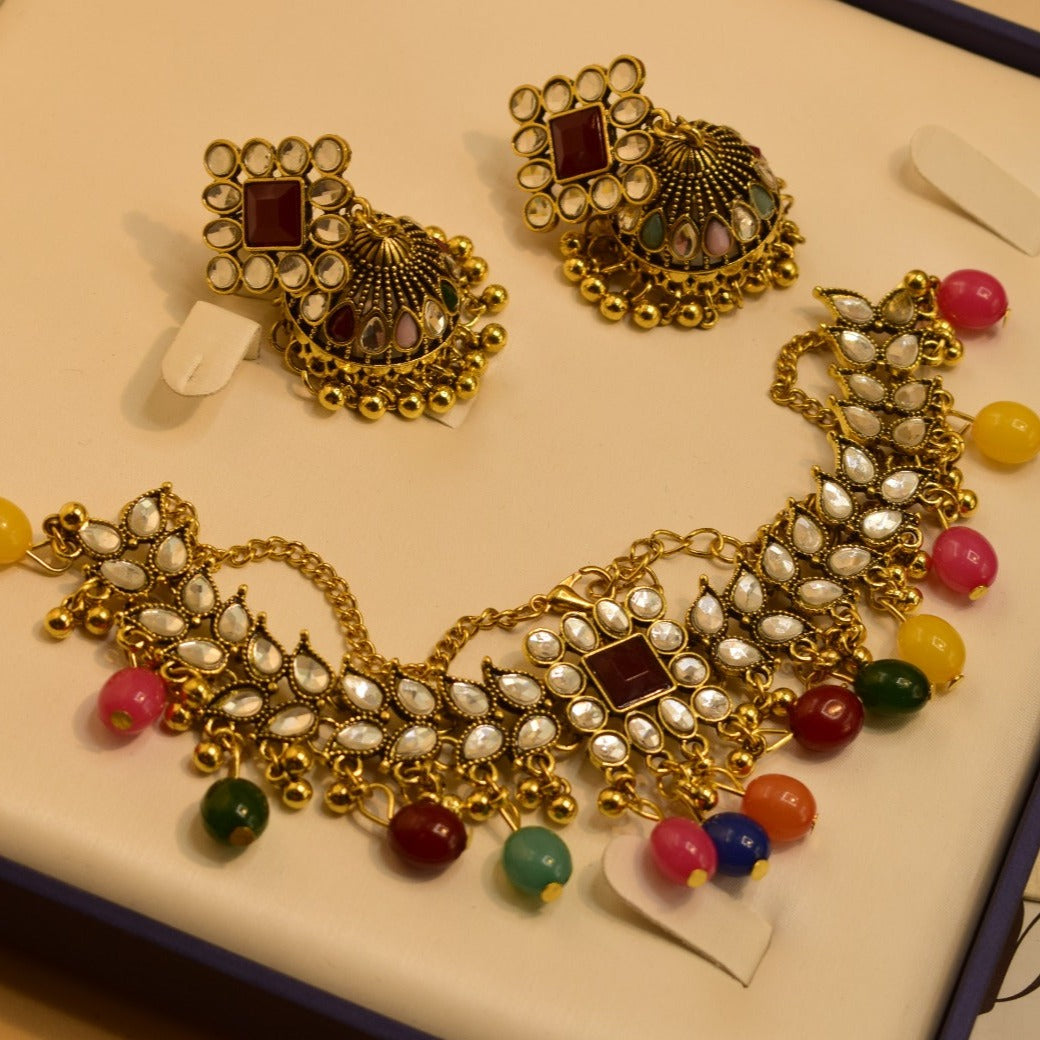 Elegant Fancy Antique Gold Plated Choker Sets for Girls/Women ko