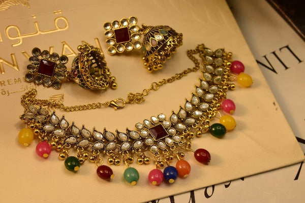 Elegant Fancy Antique Gold Plated Choker Sets for Girls/Women ko