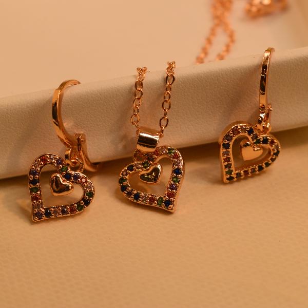 Heart Design Multi Stones Gold Plated Necklace Set for Girls/Women