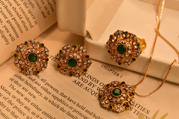 Glamorous Design Gold Plated Real Stones Necklace Set for Girls/Women
