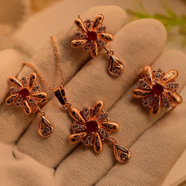 Dazzling Flower Design Gold Plated Real Stones Necklace Set for Girls/Women