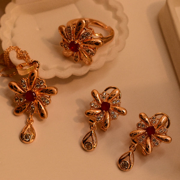 Dazzling Flower Design Gold Plated Real Stones Necklace Set for Girls/Women
