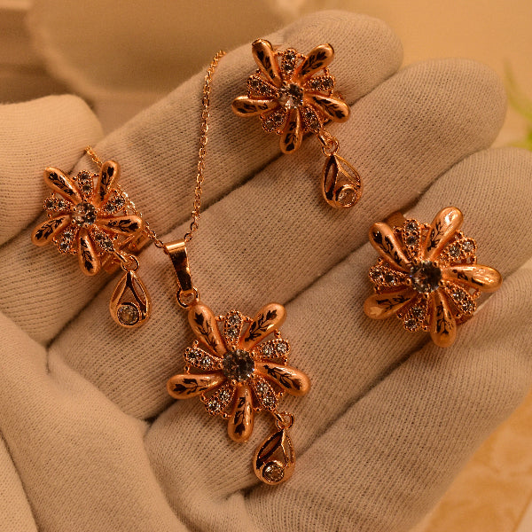 Dazzling Flower Design Gold Plated Real Stones Necklace Set for Girls/Women