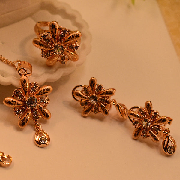Dazzling Flower Design Gold Plated Real Stones Necklace Set for Girls/Women