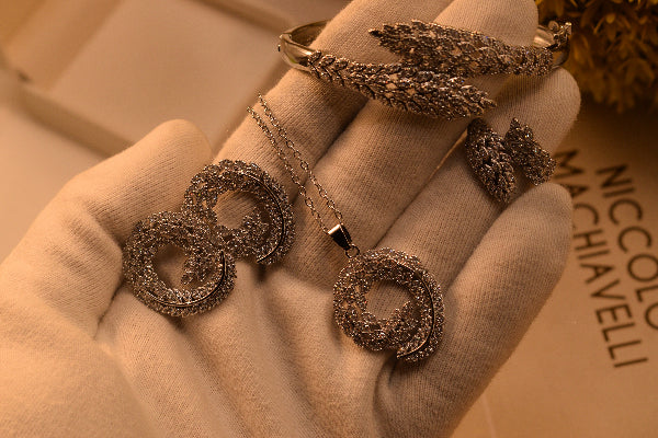 Luxury Design Silver Plated Crystal Stones Necklace Set with Bracelet for Girls/Women