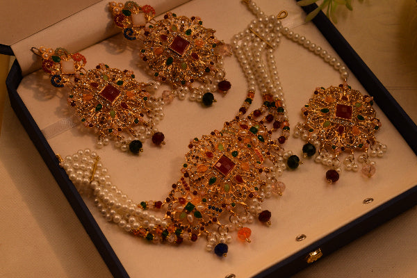 Dazzling Design Gold Plated Real Stones Necklace Set for Girls/Women