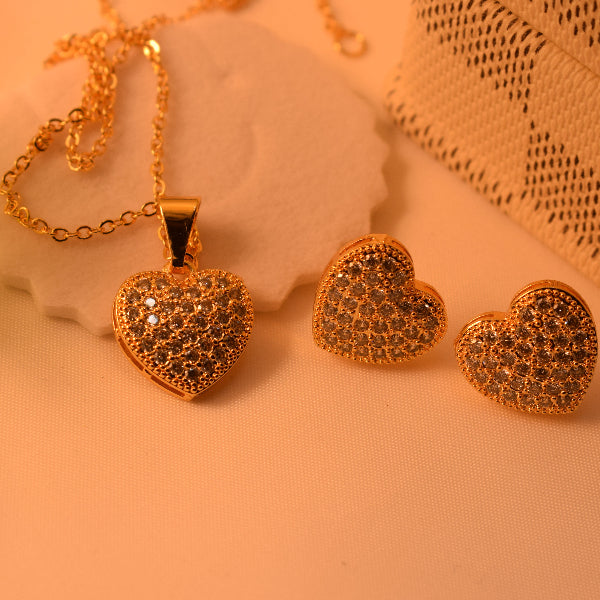 Elegant Heart Design Gold Plated Crystal Stones Necklace Set for Girls/Women