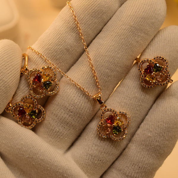 Fancy Design Gold Plated Crystal Stones Necklace Set for Girls/Women