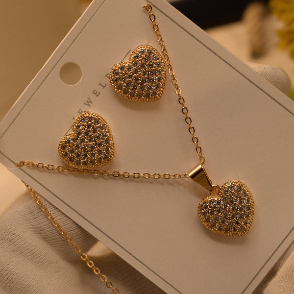 Glamorous Heart Design Gold Plated Crystal Stones Necklace Set for Girls/Women