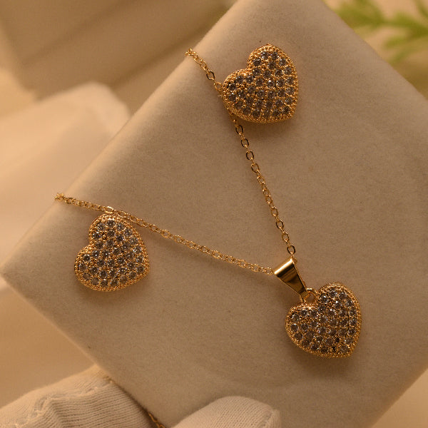 Glamorous Heart Design Gold Plated Crystal Stones Necklace Set for Girls/Women