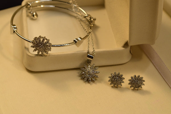 Luminous Design Silver Plated Crystal Stones Necklace Set and Bracelet for Girls/Women