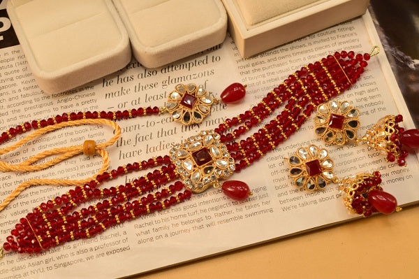 Antique Silver Stones Red Bridal CHOKER Sets for Girls/Women - Meerzah