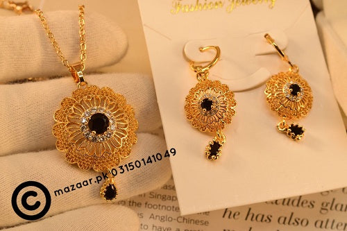 Black Stone Flower Golden Necklace Sets for Girls/Women - Meerzah