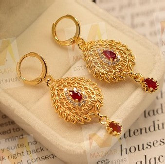 Fancy Leaf Maroon Zircon Golden Earings for Girls/Women - Meerzah