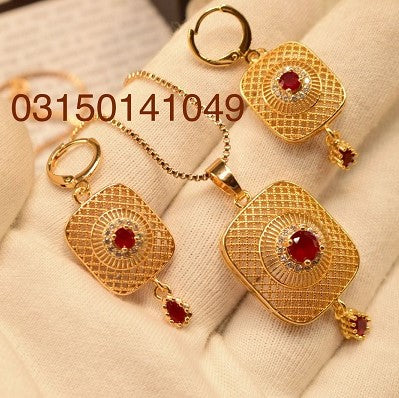 Elegant Gold Plated with Maroon Zircon Necklace Set - Meerzah