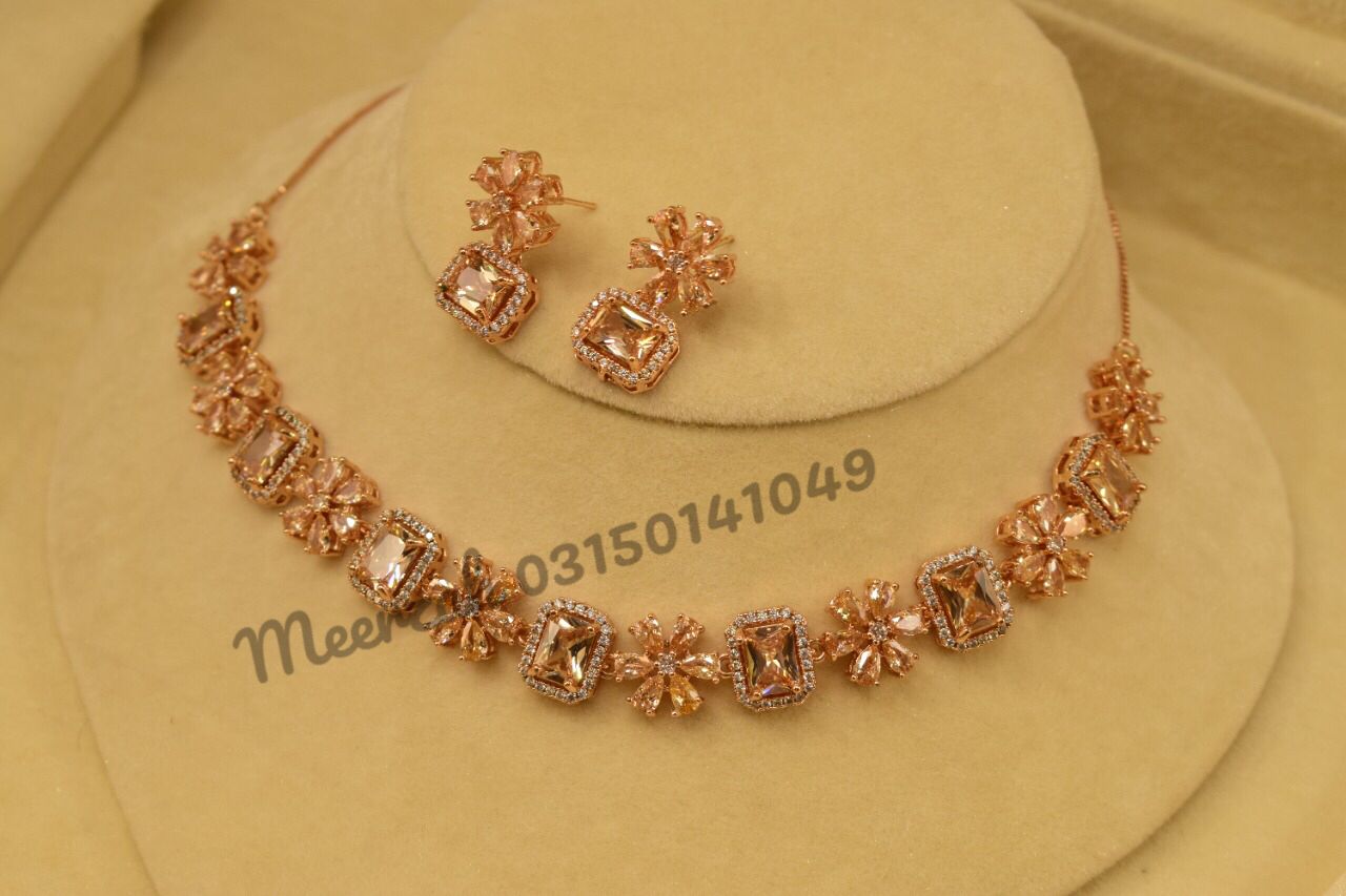 Fancy Flower Champagne Crystal Necklace Sets for Girls/Women