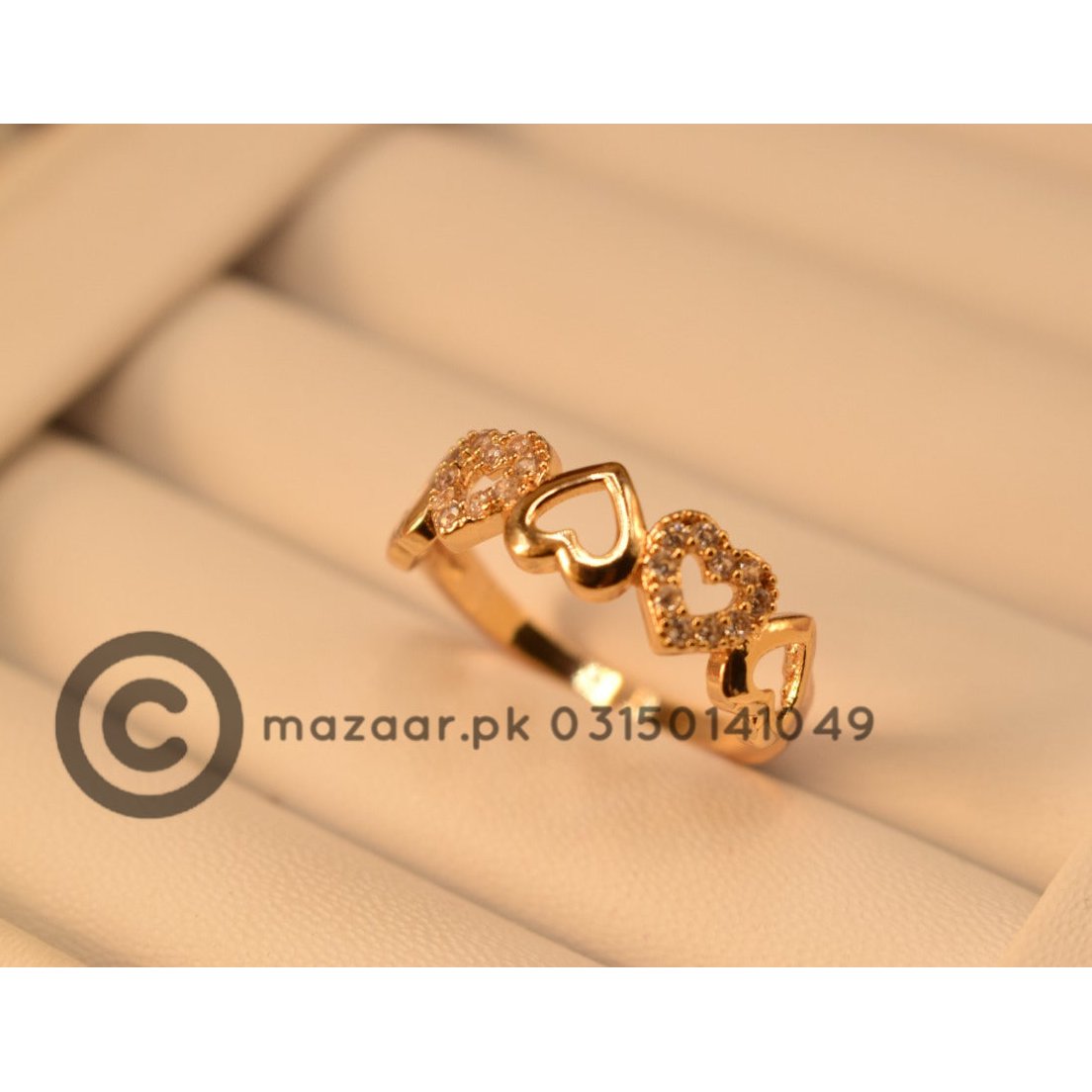 Triple Heart Golden Crystal Design Ring for Girls/Women - Meerzah