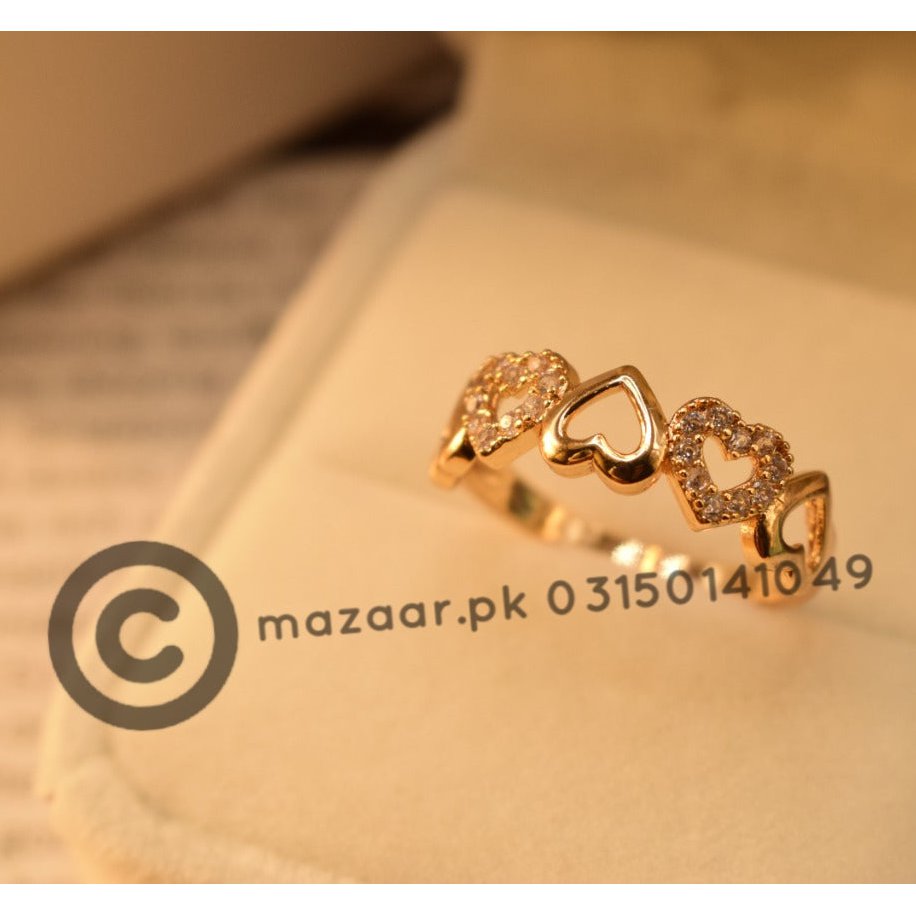 Triple Heart Golden Crystal Design Ring for Girls/Women - Meerzah