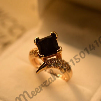 Fancy Black Stone Golden Crystal Ring for Girls/Women - Meerzah