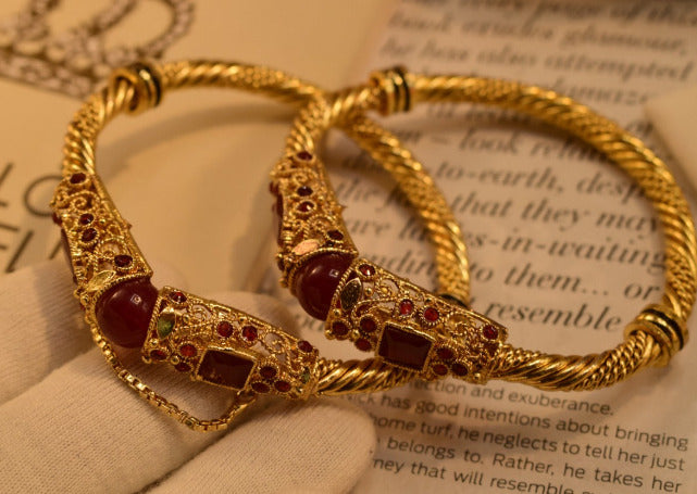 Antique Stylish Maroon Golden Karay Bangles for Girls/Women - Meerzah