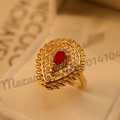 Fancy Leaf Maroon Stone Golden Ring for Girls/Women - Meerzah