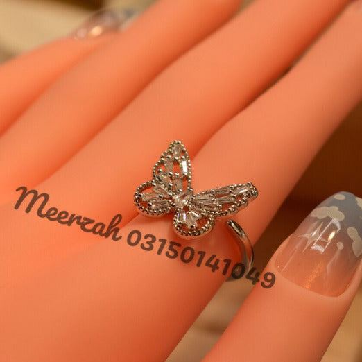 Beautiful Sliver Butterfly  White Crystal Adjustable Ring for Girls/Women