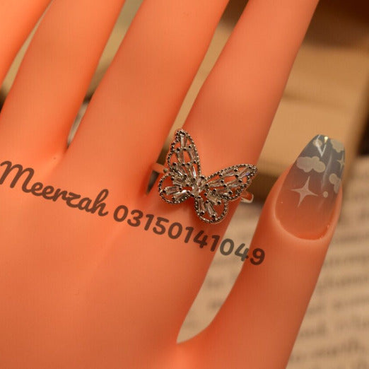 Beautiful Sliver Butterfly  White Crystal Adjustable Ring for Girls/Women