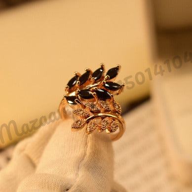 Antique Leaf Black Zircon Golden Crystal Ring for Girls/Women - Meerzah