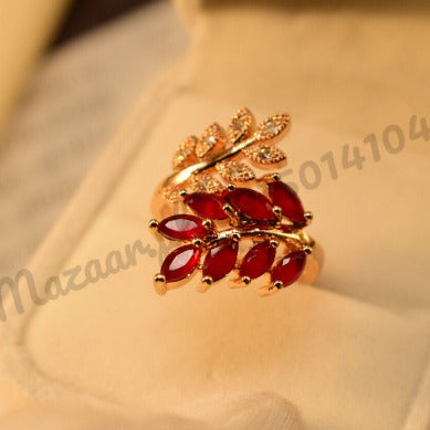 Antique Leaf Maroon Zircon Golden Crystal Ring for Girls/Women - Meerzah